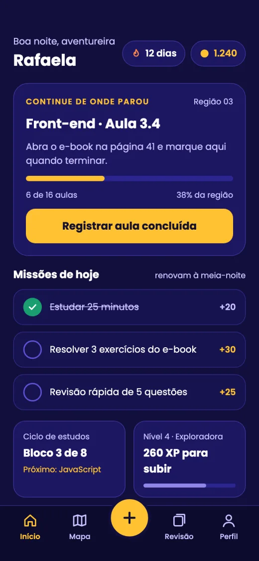 Tela inicial do app com a aula de hoje e as missões do dia